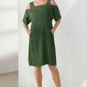Soft Surroundings Women  Emelia Linen Blend Green Cold Shoulder  Dress Size L